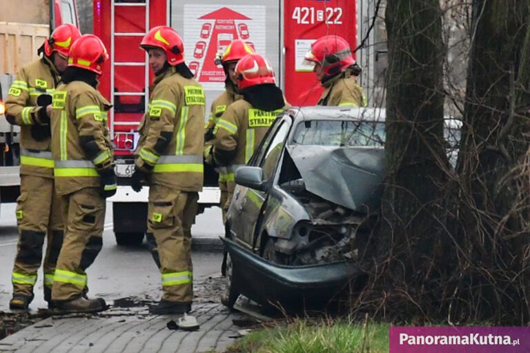 Kolejny wypadek w Kutnie, auto uderzyło w drzewo. W akcji służby ratunkowe [ZDJĘCIA]