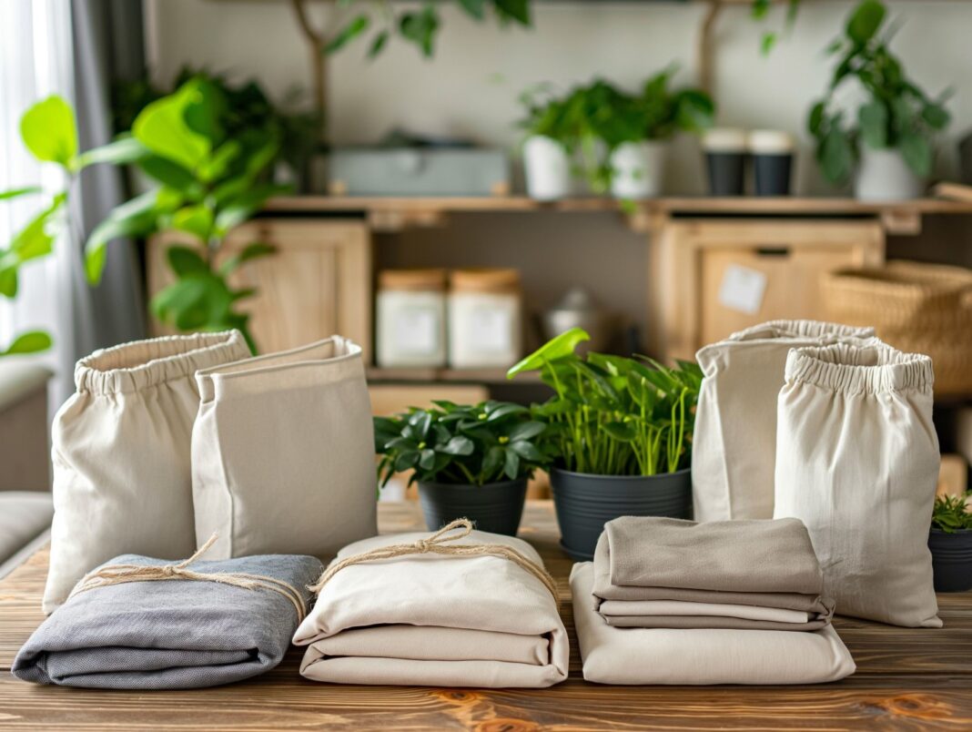 DIY clothing items in eco-friendly packaging Cozy room with plants and natural light